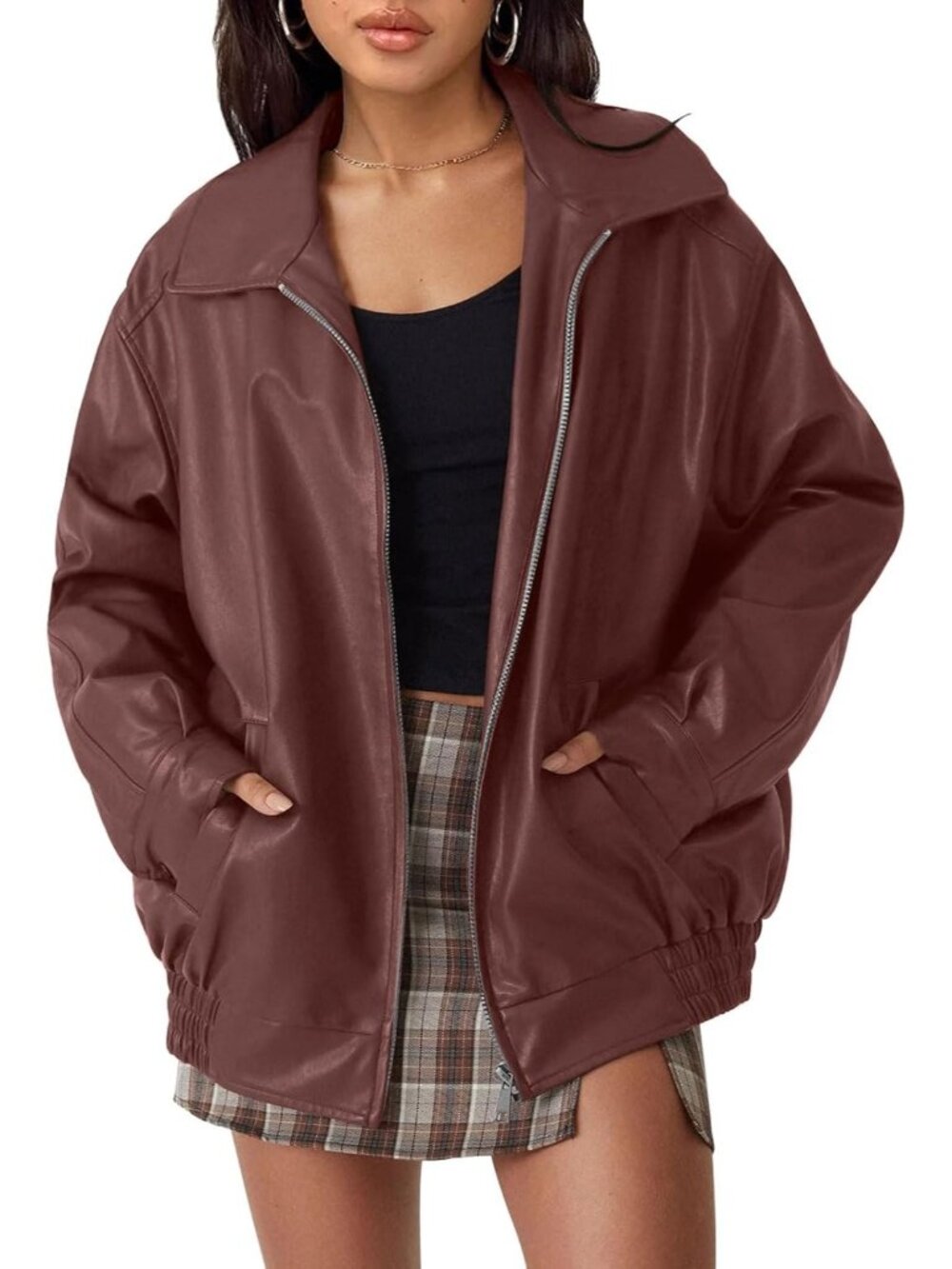 Women's Wine red Oversized Faux Leather Winter Medium Weight Fall Bomber Jackets